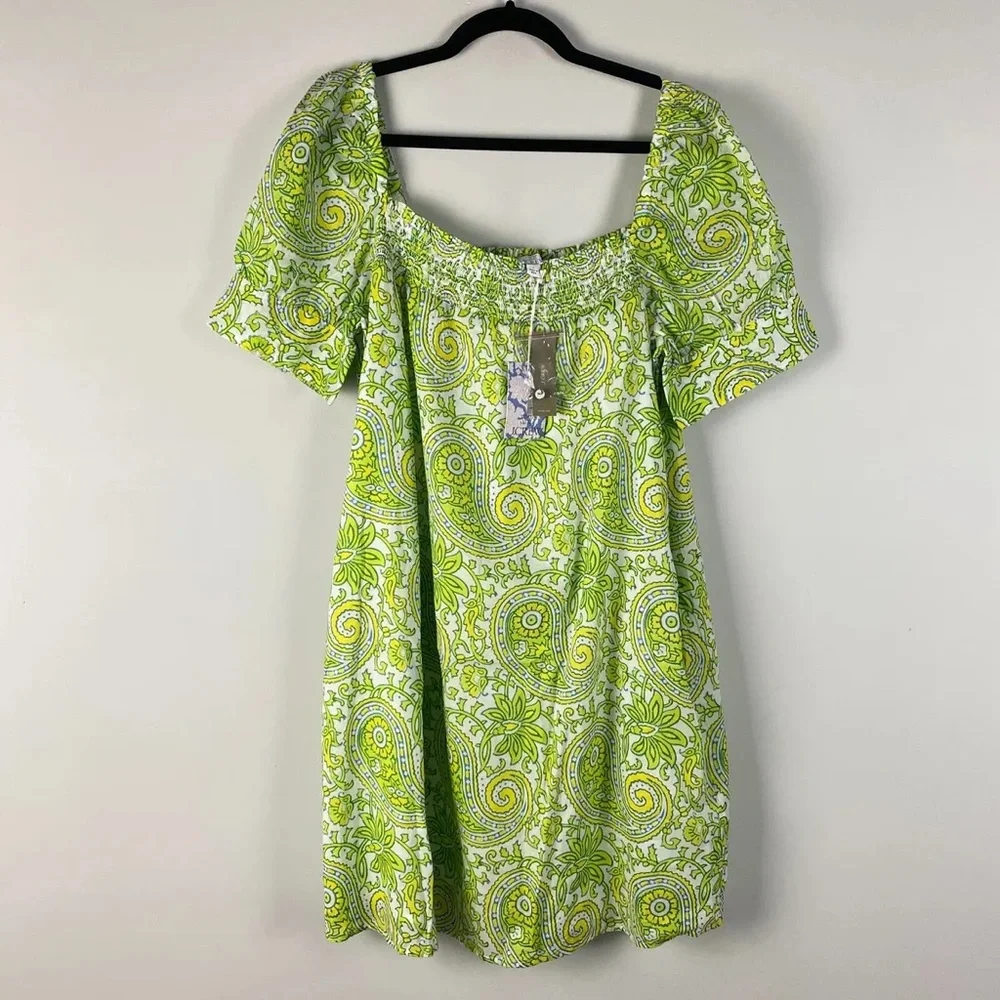 SZ Blockprints ™ X  J. Crew squareneck puff-sleeve mini dress in citrus paisley. - Picture 4 of 4